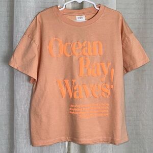 ZARA 6-7 Pastel Orange Neon Graphic Ocean Bay Waves Boxy Fit Short Sleeve Tee